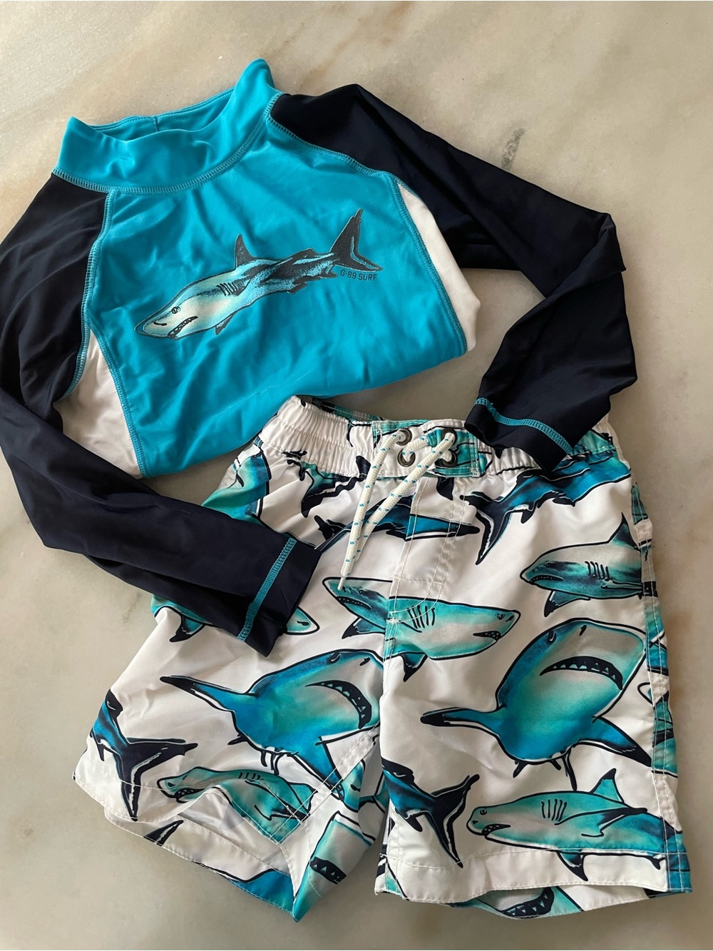GAP Boys Turquoise and Navy Shark Rashguard Set